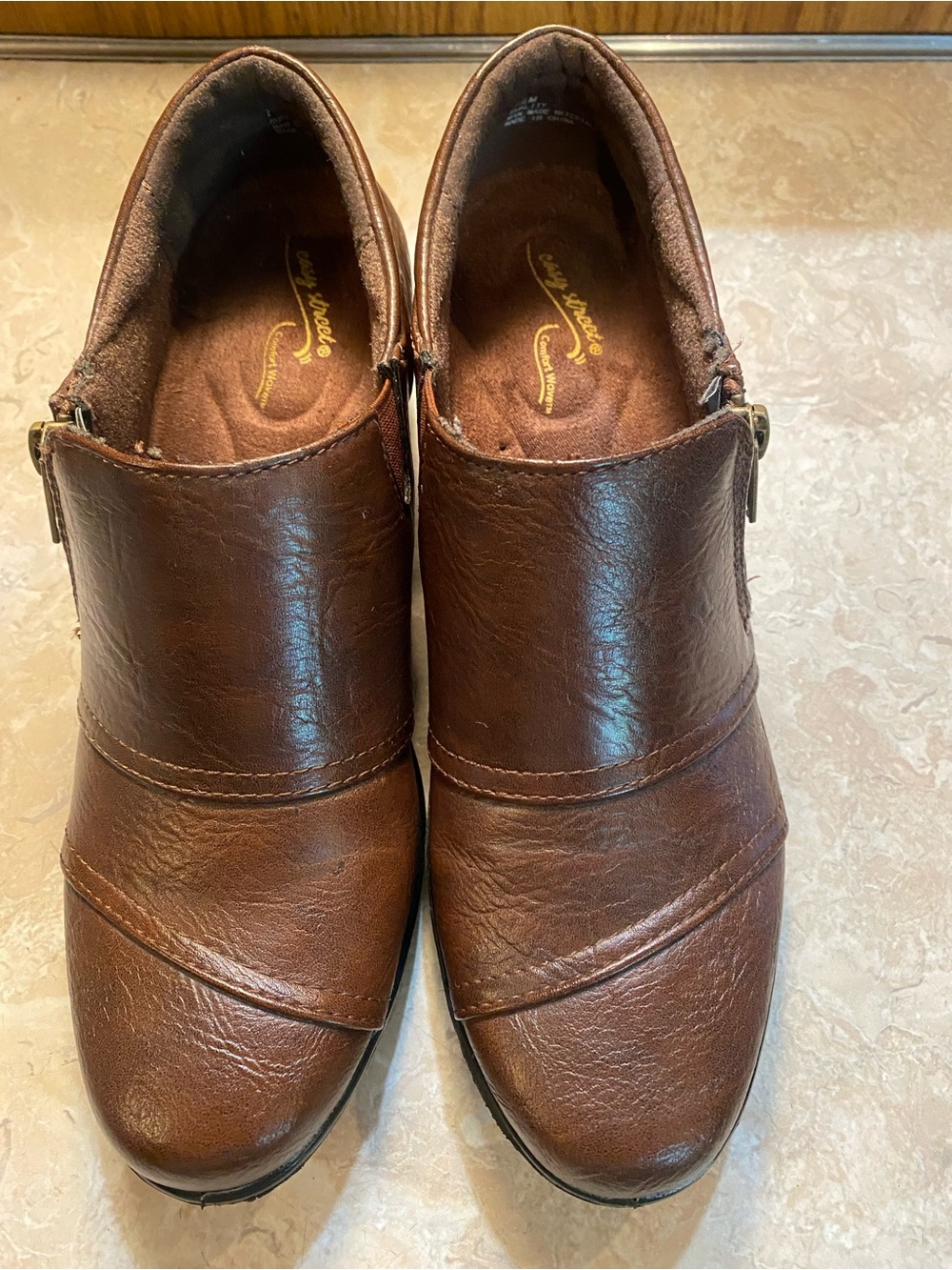 easy street Brown Leather Slip-On Loafers with Side Buckle